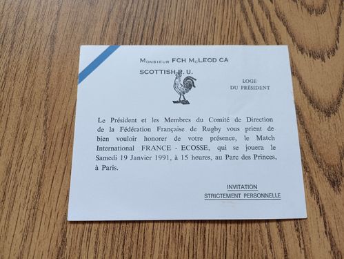 France v Scotland 1991 Rugby Invitation Card