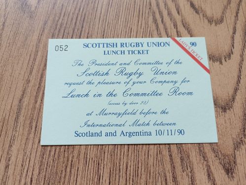 Scotland v Argentina 1990 Rugby Lunch Invitation Card