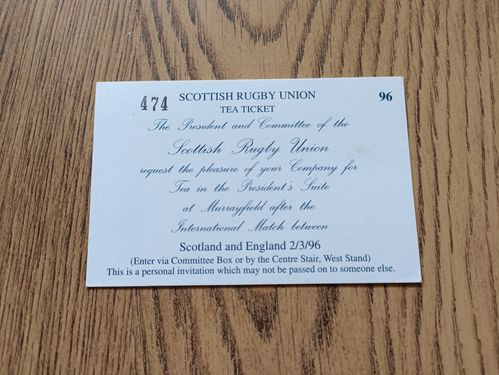 Scotland v England 1996 Rugby Post Match Tea Invitation Card