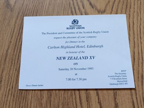 Scotland v New Zealand 1993 Rugby Dinner Invitation Card