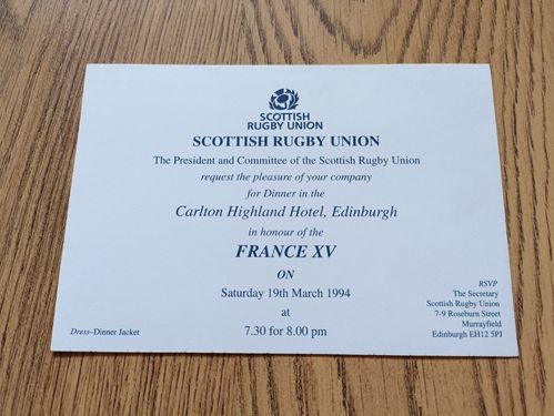 Scotland v France 1994 Rugby Dinner Invitation Card