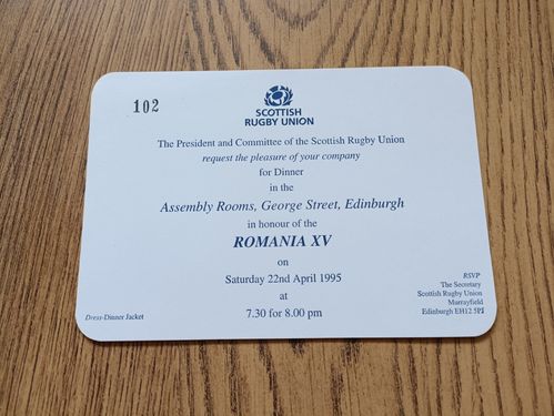 Scotland v Romania 1995 Rugby Dinner Invitation Card