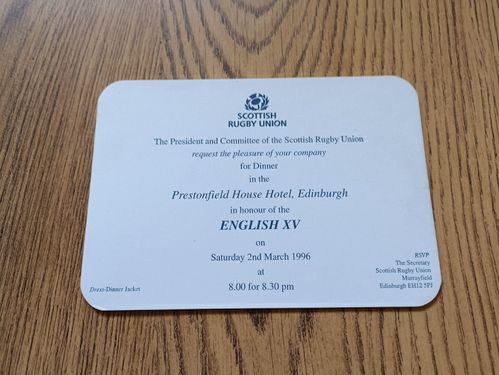 Scotland v England 1996 Rugby Dinner Invitation Card