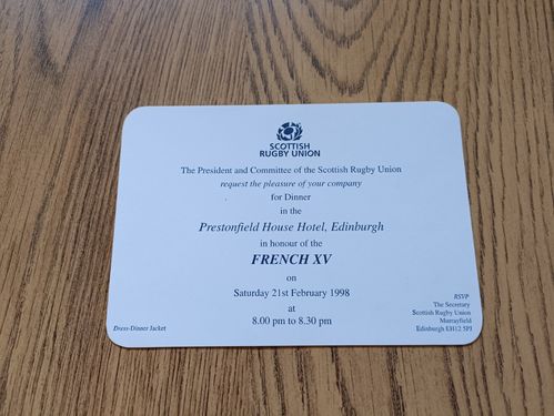 Scotland v France 1998 Rugby Dinner Invitation Card