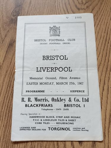 Bristol v Liverpool Mar 1967 Rugby Programme
