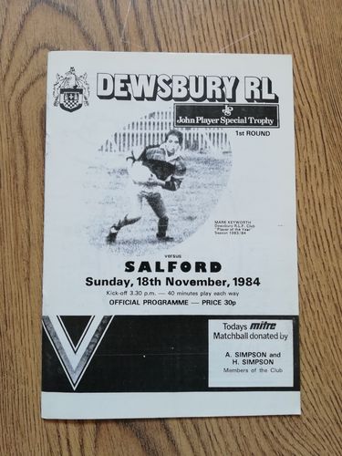 Dewsbury v Salford Nov 1984 John Player Trophy Rugby League Programme