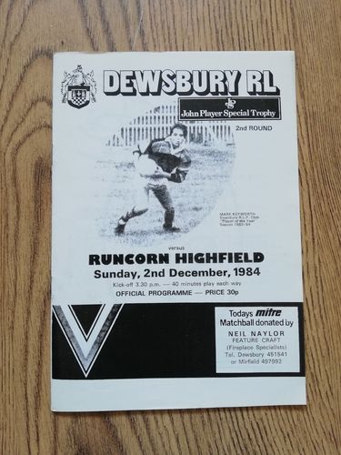 Dewsbury v Runcorn Highfield Dec 1984 John Player Trophy Rugby League Programme