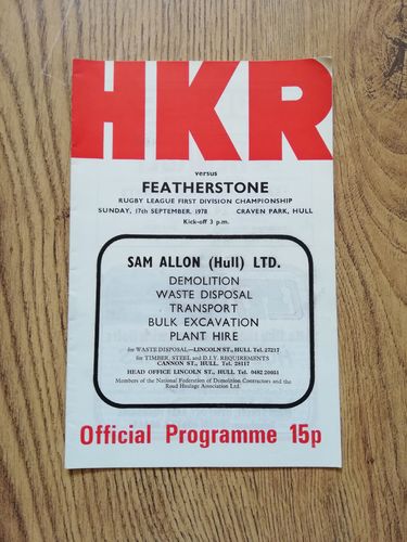 Hull KR v Featherstone Sept 1978 Rugby League Programme