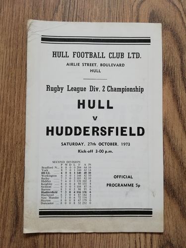 Hull v Huddersfield Oct 1973 Rugby League Programme
