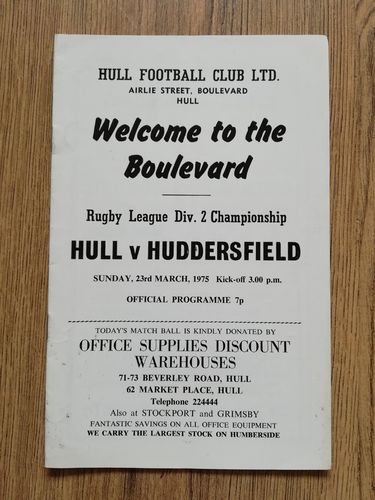 Hull v Huddersfield March 1975 Rugby League Programme