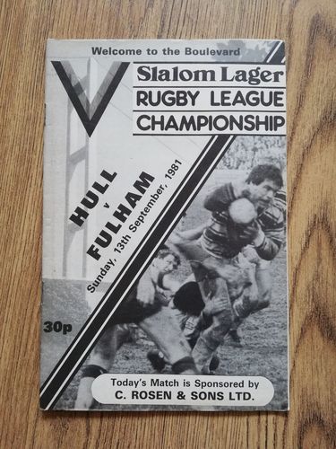 Hull v Fulham Sept 1981 Rugby League Programme
