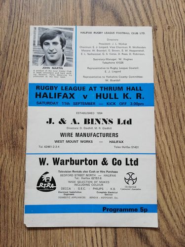 Halifax v Hull KR Sept 1971 Rugby League Programme