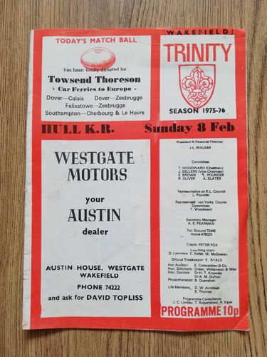 Wakefield Trinity v Hull KR Feb 1976 Rugby League Programme