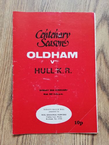 Oldham v Hull KR Feb 1977 Rugby League Programme