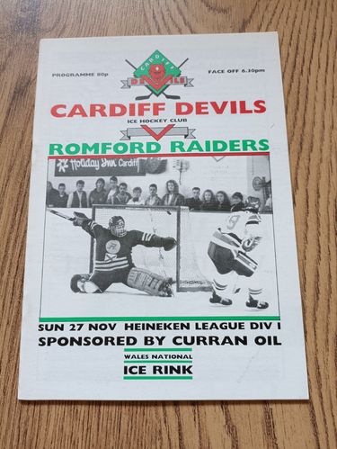 Cardiff Devils v Romford Raiders Nov 1988 Ice Hockey Programme