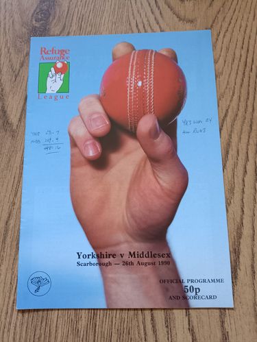 Yorkshire v Middlesex Aug 1990 Refuge Assurance League Cricket Programme