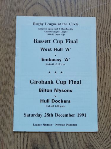 Bilton Mysons v Hull Dockers 1991 Girobank Cup Final Amateur Rugby League Programme