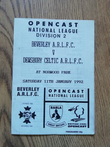Beverley v Dewsbury Celtic Jan 1992 Amateur Rugby League Programme
