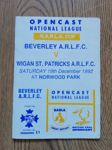 Beverley v Wigan St Patricks Dec 1992 NARLA Cup Rugby League Programme