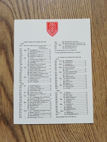 Hull Kingston Rovers 1977-78 Rugby League Fixture Card