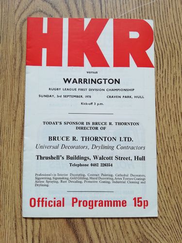 Hull KR v Warrington Sept 1978 Rugby League Programme