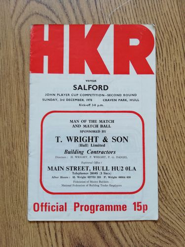 Hull KR v Salford Dec 1978 John Player Cup Rugby League Programme