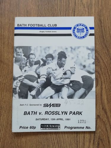 Bath v Rosslyn Park April 1991 Rugby Programme
