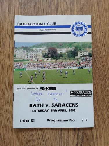 Bath v Saracens April 1992 Rugby Programme