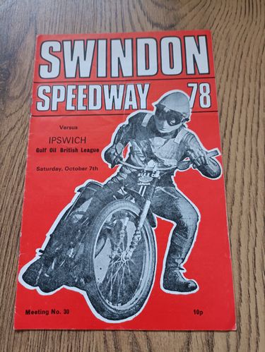 Swindon v Ipswich Oct 1978 Speedway Programme