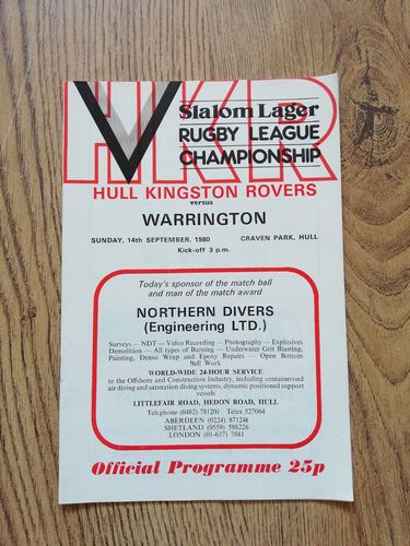 Hull KR v Warrington Sept 1980 Rugby League Programme