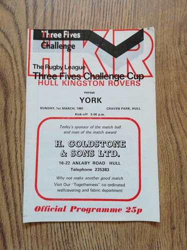 Hull KR v York March 1981 Challenge Cup Rugby League Programme