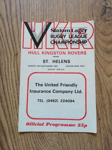 Hull KR v St Helens Sept 1981 Rugby League Programme