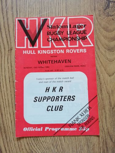 Hull KR v Whitehaven April 1982 Rugby League Programme