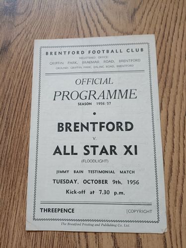 Brentford v All Star XI Oct 1956 Jimmy Bain Testimonial Football Programme
