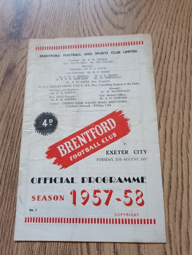 Brentford v Exeter City Aug 1957 Football Programme