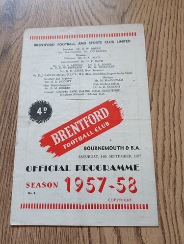Brentford v Bournemouth Sept 1957 Football Programme