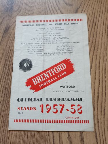 Brentford v Watford Oct 1957 Football Programme