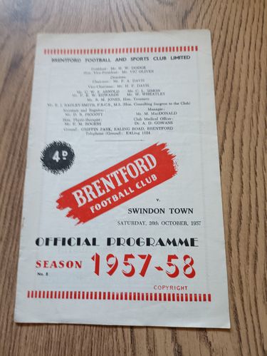 Brentford v Swindon Town Oct 1957 Football Programme