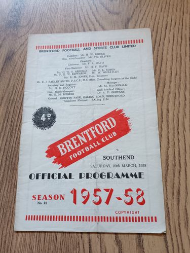 Brentford v Southend March 1958 Football Programme