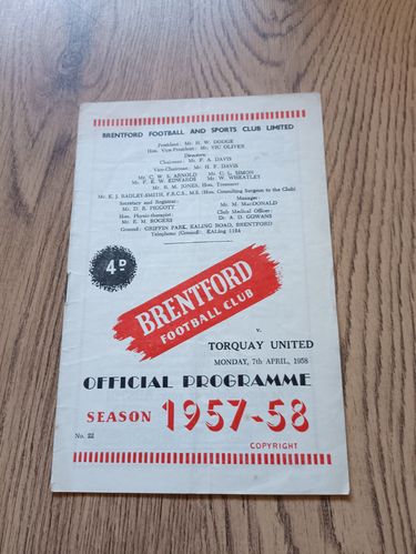 Brentford v Torquay United April 1958 Football Programme
