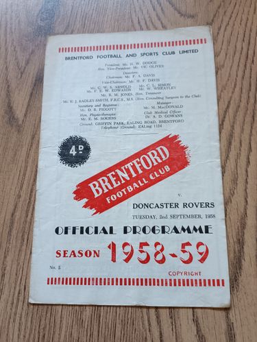 Brentford v Doncaster Rovers Sept 1958 Football Programme