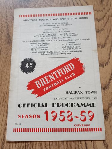 Brentford v Halifax Town Sept 1958 Football Programme