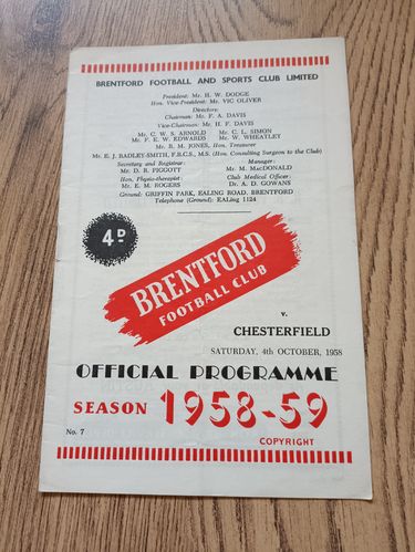 Brentford v Chesterfield Oct 1958 Football Programme