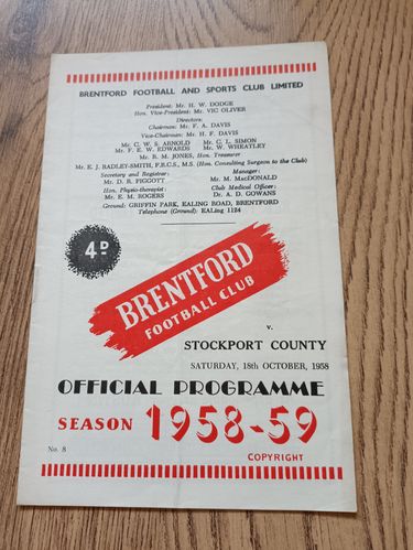 Brentford v Stockport County Oct 1958 Football Programme