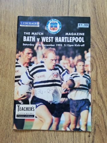 Bath v West Hartlepool Nov 1995 Rugby Programme