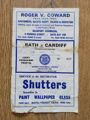 Bath v Cardiff April 1981 Rugby Programme