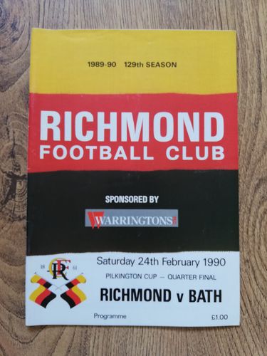 Richmond v Bath Feb 1990 Pilkington Cup Quarter-Final Rugby Programme