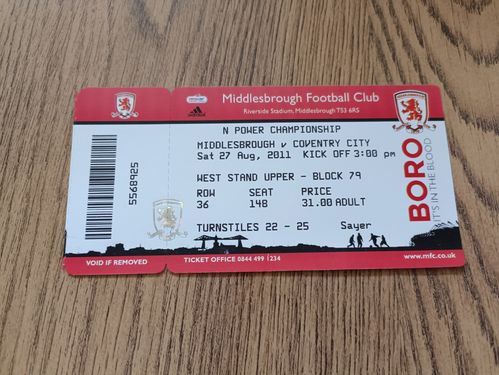 Middlesbrough v Coventry City Aug 2011 Used Football Ticket