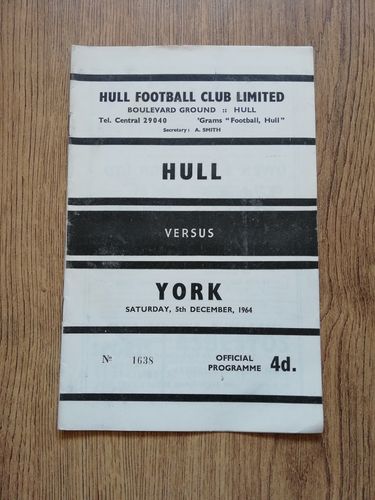 Hull v York Dec 1964 Rugby League Programme
