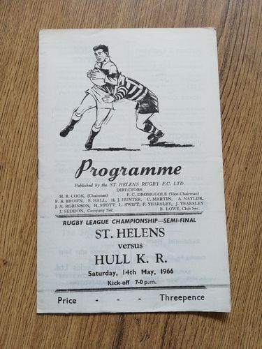 St Helens v Hull KR May 1966 Championship Semi-Final Rugby League Programme